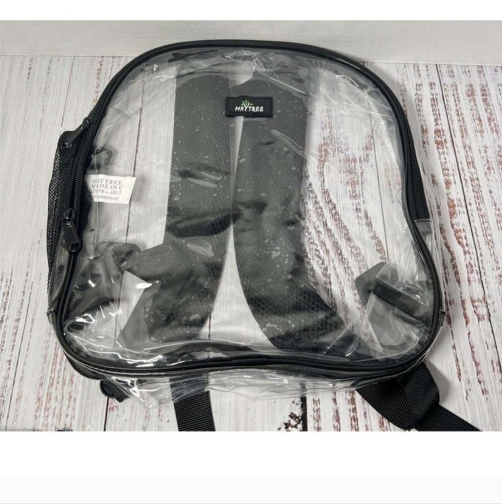 Maytree Clear Black Trimmed 12x12 Backpack Padded Straps Zipper Mesh Pocket